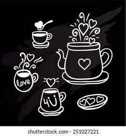 Vector illustration set of tea collection with a tea pot, tea cup, jars, jugs in vintage style stylized drawing with chalk on blackboard. Valentines day card.