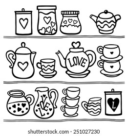 Vector illustration set of tea collection with a tea pot, tea cup, jars, jugs in vintage style. Black and white. Valentines day card.