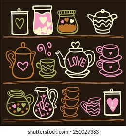 Vector illustration set of tea collection with a tea pot, tea cup, jars, jugs on the shelves. In vintage style. Valentines day card.