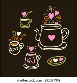 Vector illustration set of tea collection with a tea pot, tea cup, mugs in vintage style. Valentines day card.