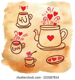 Vector illustration set of tea collection with a tea pot, tea cup, mugs on aged paper. In vintage style.