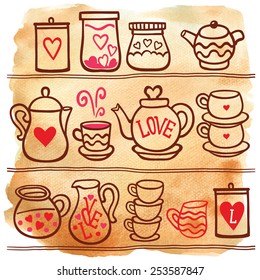 Vector illustration set of tea collection with a tea pot, tea cup, mugs on aged paper. In vintage style.