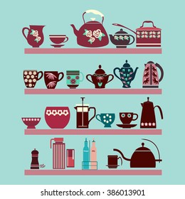  Vector illustration set of tea collection with a tea pot, tea cup, jars, jugs on the shelves. In vintage style.