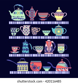 Vector illustration set of tea collection with a tea pot, tea cup, jars, jugs on the shelves. In vintage style.