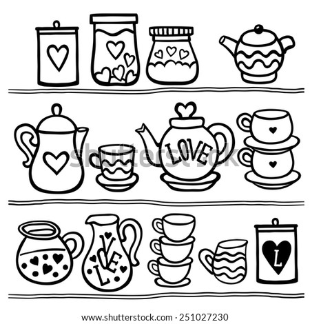 Vector illustration set of tea collection with a tea pot, tea cup, jars, jugs in vintage style. Black and white. Valentines day card.