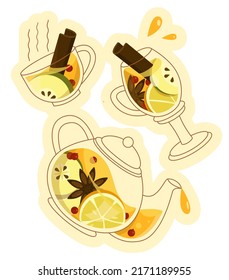 Vector illustration with set of tea elements. It depicted cup, mug, teapot with fruit tea, slice of apple, some cranberries, cinnamon sticks. Concept of beverages, hot drink.