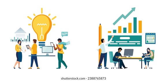Vector illustration set. Team communication abstract concept. Business people. Meeting brainstorming, online meeting, corporate presentation, creative ideas and solutions, teamwork, abstract metaphors