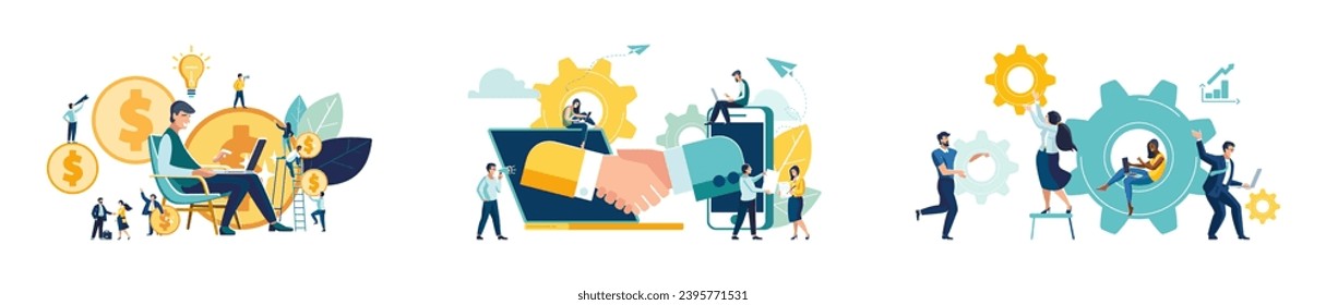 Vector illustration set. Team communication, financial business concept. Businessmen, contract. Brainstorming meeting, online meeting, corporate presentation, creative ideas and solutions, teamwork