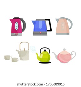 Ilustración vectorial. Un conjunto de teteras, un par de tazas y hervidor eléctrico. Aparatos de cocina para preparar té y hervir agua. Elementos de estilo plano para crear diseños.