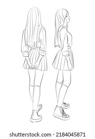 Vector illustration set of a teenage girl sitting, leaning on a desk or railing. Schoolgirl in student uniform: shirt, jacket, tie, pleated skirt, stockings, sneakers.