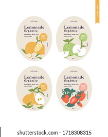 Vector illustration set template labels for packaging lemonade. Different tastes- citrus, pear, apple and strawberry