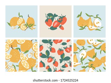 Vector illustration set template summer fruits- citrus, pear and strawberry. Seamless pattern