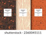 Vector illustration set of templates contemporary abstract cover and patterns for nuts butter packaging with labels. Minimal modern backgrounds