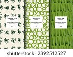 Vector illustration set of templates contemporary abstract cover and patterns for green tea packaging with labels. Minimal modern backgrounds