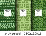 Vector illustration set of templates contemporary abstract cover and patterns for matcha tea packaging with labels. Minimal modern backgrounds