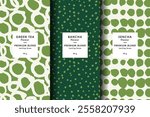 Vector illustration set of templates contemporary abstract cover and patterns for matcha tea packaging with labels. Minimal modern backgrounds