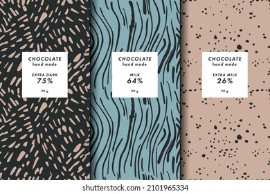 Vector illustration set of templates contemporary abstract cover and patterns for chocolate and cocoa packaging with labels. Minimal modern backgrounds