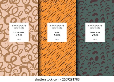 Conjunto de ilustraciones vectoriales de plantillas de cubierta abstracta contemporánea y patrones para el embalaje de chocolate y cacao con etiquetas. Fondo moderno minimalista