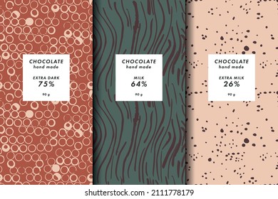 Vector illustration set of templates contemporary abstract cover and patterns for chocolate and cocoa packaging with labels. Minimal modern backgrounds.