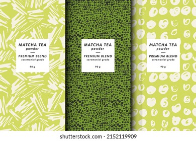 Vector illustration set of templates contemporary abstract cover and patterns for matcha tea packaging with labels. Minimal modern backgrounds
