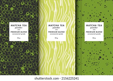 Illustration vectorielle ensemble de modèles de couvertures abstraites contemporaines et de motifs pour l'emballage de thé matcha avec étiquettes. Des arrière-plans modernes minimaux : image vectorielle de stock
