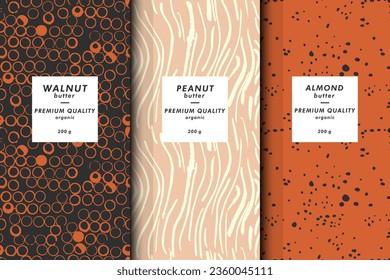 Vector illustration set of templates contemporary abstract cover and patterns for nuts butter packaging with labels. Minimal modern backgrounds