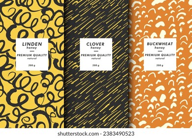 Vector illustration set of templates contemporary abstract cover and patterns for honey packaging with labels. Minimal modern backgrounds