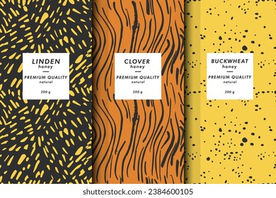 Conjunto de ilustraciones vectoriales de plantillas de cubierta abstracta contemporánea y patrones para empaque de miel con etiquetas. Fondo moderno minimalista