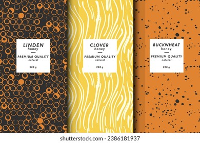 Vector illustration set of templates contemporary abstract cover and patterns for honey packaging with labels. Minimal modern backgrounds