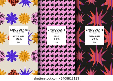 Vector illustration set of templates contemporary geometric cover and patterns for chocolate and cocoa packaging with labels. Minimal modern backgrounds