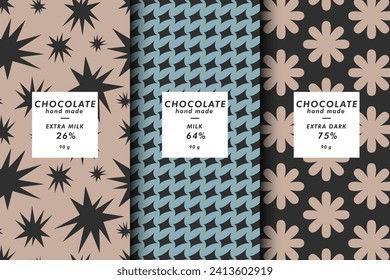 Vector illustration set of templates contemporary geometric cover and patterns for chocolate and cocoa packaging with labels. Minimal modern backgrounds