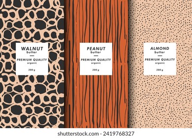 Vector illustration set of templates contemporary abstract cover and patterns for nuts butter packaging with labels. Minimal modern backgrounds