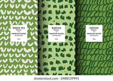 Vector illustration set of templates contemporary abstract cover and patterns for matcha tea packaging with labels. Minimal modern backgrounds