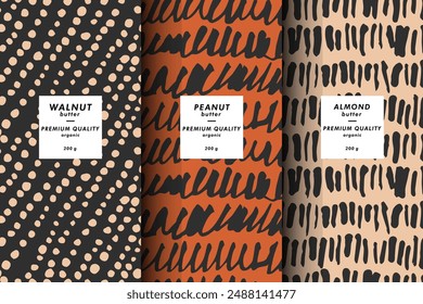 Vector illustration set of templates contemporary abstract cover and patterns for nuts butter packaging with labels. Minimal modern backgrounds