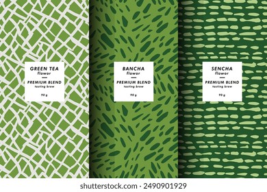 Vector illustration set of templates contemporary abstract cover and patterns for matcha tea packaging with labels. Minimal modern backgrounds