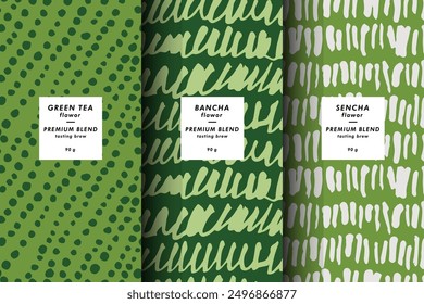 Vector illustration set of templates contemporary abstract cover and patterns for matcha tea packaging with labels. Minimal modern backgrounds