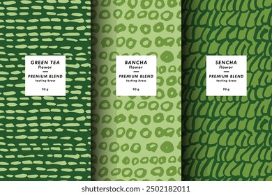 Vector illustration set of templates contemporary abstract cover and patterns for matcha tea packaging with labels. Minimal modern backgrounds