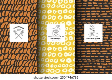 Vector illustration set of templates contemporary abstract cover and patterns for honey packaging with labels. Minimal modern backgrounds