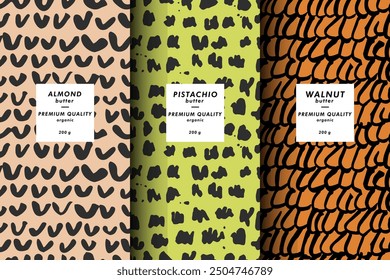 Vector illustration set of templates contemporary abstract cover and patterns for nuts butter packaging with labels. Minimal modern backgrounds