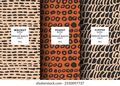 Vector illustration set of templates contemporary abstract cover and patterns for nuts butter packaging with labels. Minimal modern backgrounds