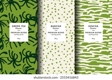 Vector illustration set of templates contemporary abstract cover and patterns for matcha tea packaging with labels. Minimal modern backgrounds