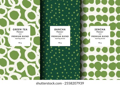 Vector illustration set of templates contemporary abstract cover and patterns for matcha tea packaging with labels. Minimal modern backgrounds