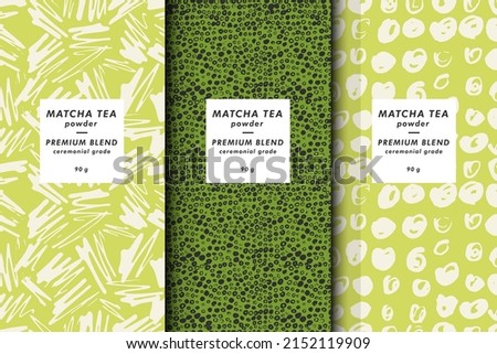 Vector illustration set of templates contemporary abstract cover and patterns for matcha tea packaging with labels. Minimal modern backgrounds

