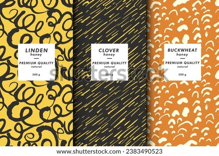 Vector illustration set of templates contemporary abstract cover and patterns for honey packaging with labels. Minimal modern backgrounds