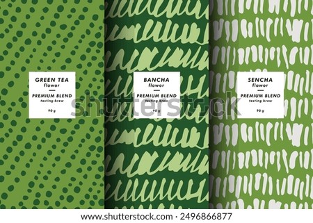 Vector illustration set of templates contemporary abstract cover and patterns for matcha tea packaging with labels. Minimal modern backgrounds