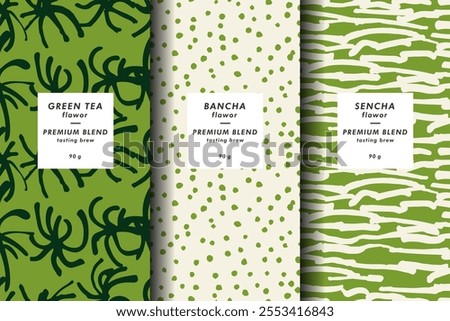 Vector illustration set of templates contemporary abstract cover and patterns for matcha tea packaging with labels. Minimal modern backgrounds