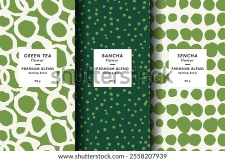 Vector illustration set of templates contemporary abstract cover and patterns for matcha tea packaging with labels. Minimal modern backgrounds