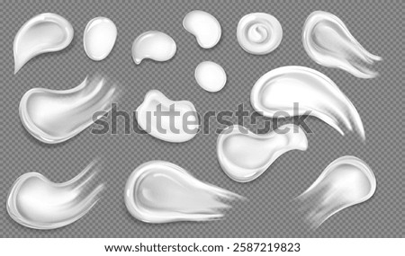 Vector illustration of set of templates of smears and drops of liquid, cream and other cosmetic products. White spots on transparent isolated background. Realistic cream smears.