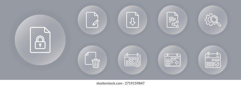 Ilustração vetorial de dez ícones circulares que ilustram o fluxo de trabalho digital, a segurança, o armazenamento em nuvem