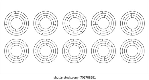 vector illustration of a set of ten circular mazes for kids